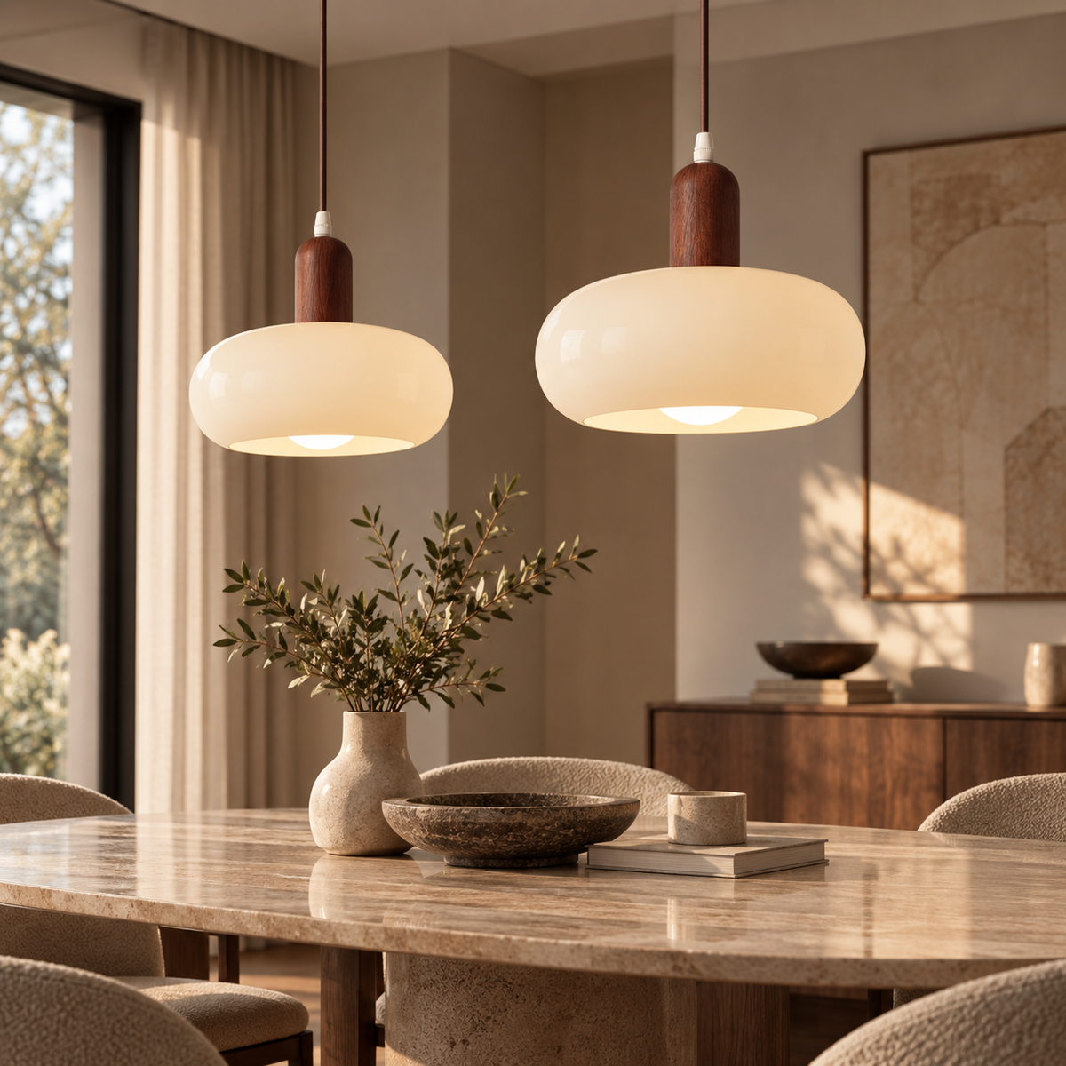 Melkglazen LED Hanglamp met Houten Pendel