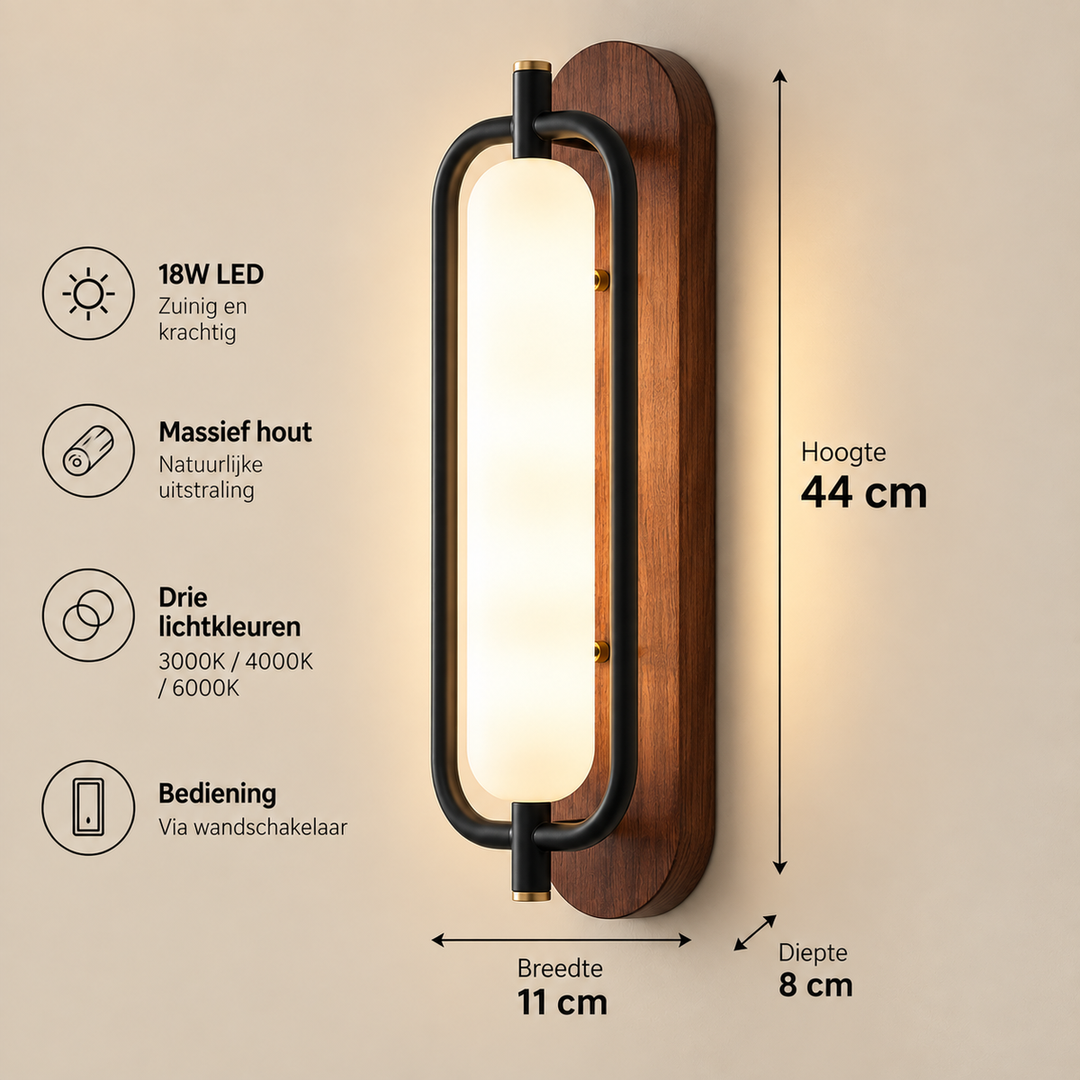 MAJESTO Houten wandlamp met acryl kap – 18W LED