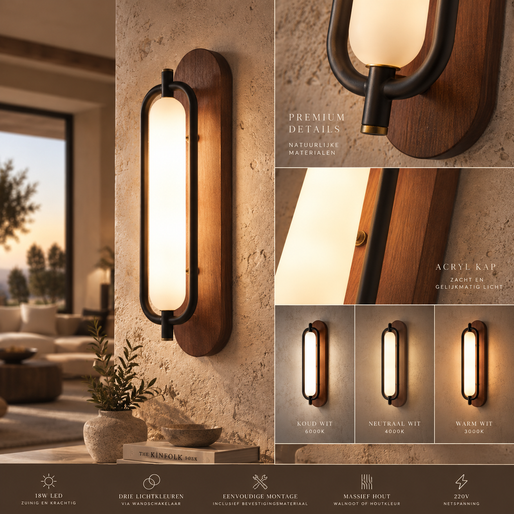MAJESTO Houten wandlamp met acryl kap – 18W LED